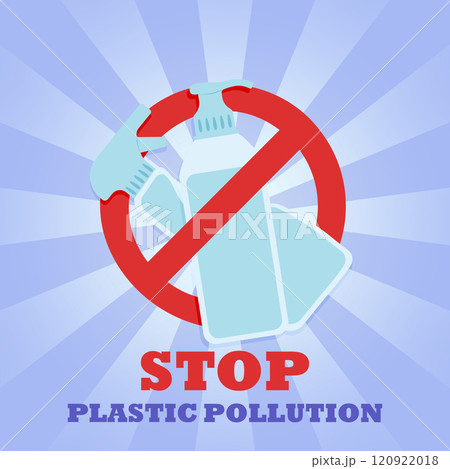 Two plastic bottles of detergents. Prohibition sign. No symbol. Banner. Stop plastic pollution. 120922018