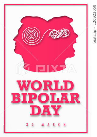 WORLD BIPOLAR DAY. Poster for medical institutions. Silhouette two faces. The concept of mental destruction of the personality. Man suffering from bipolar disorder. Split personality. Psychology. 120922059