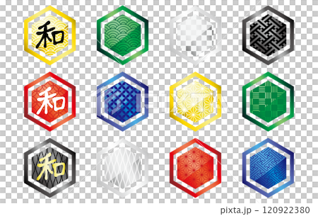 Cool Japanese style frame illustrations, icons, badges, red, gold, silver, black, blue, green 120922380