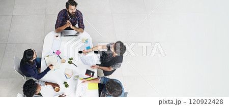Above, planning and business people in meeting, teamwork and cooperation for project. Group, employees and coworkers with creativity, brainstorming and collaboration with banner, idea or mockup space Above, planning and business people in meeting, teamwork and cooperation for project. Group, employees and coworkers with creativity, brainstorming and collaboration with banner, idea or mockup space 120922428