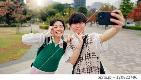 Happy man, woman and selfie in city for social media, live stream and follower interaction in Kyoto. Japanese people, influencer couple and gesture in park for photography, video and content creation Happy man, woman and selfie in city for social media, live stream and follower interaction in Kyoto. Japanese people, influencer couple and gesture in park for photography, video and content creation 120922496