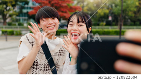 Couple, selfie or excited in park for social media, healthy relationship or memories with love in Osaka. Japanese people, influencers or happy in city for photography, content creation or live stream 120922604