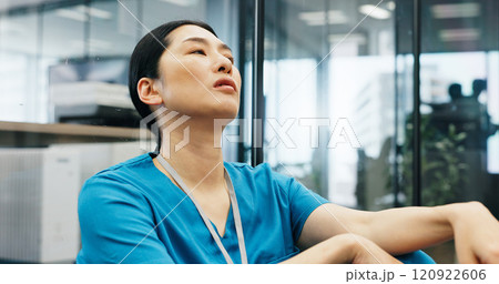 Japanese, woman and nurse with thinking in hospital of healthcare stress, medical mistake and burnout risk. Surgeon, depression and anxiety of surgery crisis, bad news and treatment disaster in Japan Japanese, woman and nurse with thinking in hospital of healthcare stress, medical mistake and burnout risk. Surgeon, depression and anxiety of surgery crisis, bad news and treatment disaster in Japan 120922606