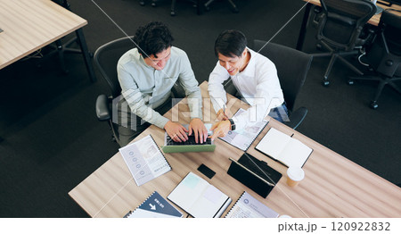 Planning, meeting and laptop with business people in Japanese office for proposal, workshop and teamwork. Credit portfolio, asset management and client review with above of branch manager in bank Planning, meeting and laptop with business people in Japanese office for proposal, workshop and teamwork. Credit portfolio, asset management and client review with above of branch manager in bank 120922832