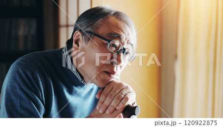 Thinking, senior and japanese man with walking stick and sad memory with struggle to remember. Alzheimer, loss and grief from dementia news with solitude of lonely elderly person with disability 120922875
