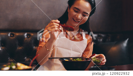 Cooking, ramen and ingredient with Japanese woman in restaurant for fine dining course, dinner and learning recipe. Bowl, culture and food with asian person in class for diet, menu and meal prep 120922932