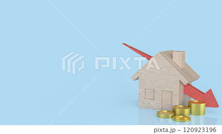 The Wood house and red arrow down for property or building concept 3d rendering. 120923196