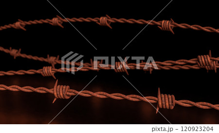 The Rusty Barbed wire on Black Background  for  Abstract  or war concept 3d rendering. 120923204
