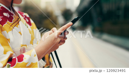 Asian woman, hands and typing with phone in city for communication, online chatting or texting. Japan, closeup or female person with mobile smartphone in kimono for network or app in an urban town Asian woman, hands and typing with phone in city for communication, online chatting or texting. Japan, closeup or female person with mobile smartphone in kimono for network or app in an urban town 120923491