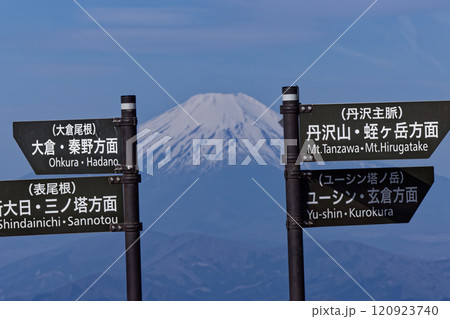 丹沢・塔ノ岳山頂の道標と富士山 丹沢・塔ノ岳山頂の道標と富士山 120923740