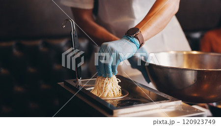 Japan, restaurant and hands boiling noodles for traditional cuisine, culinary culture and meal preparation. Chef, gloves and person steaming ramen in strainer for nutrition, cooking or healthy dinner 120923749