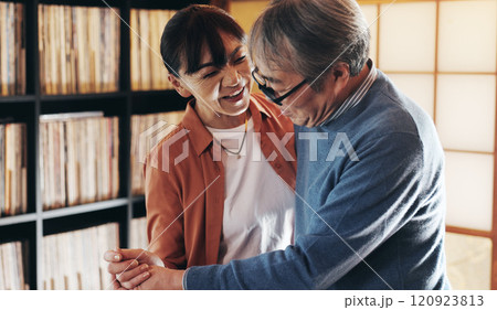 Dance, love and retirement with senior couple in home together for bonding or romance. Marriage, relationship or smile with happy, mature Japanese man and woman in apartment for anniversary or dating 120923813