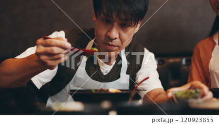 Cooking, ramen and bowl with Japanese man in restaurant for fine dining course, dinner and learning recipe. Ingredients, culture and food with asian people in class for diet, menu and meal prep Cooking, ramen and bowl with Japanese man in restaurant for fine dining course, dinner and learning recipe. Ingredients, culture and food with asian people in class for diet, menu and meal prep 120923855