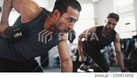 Fitness, bodybuilder and men in gym with weights for intense training, exercise and workout. Sports, personal trainer and people with dumbbell equipment for muscle strength, breathing and challenge 120923856