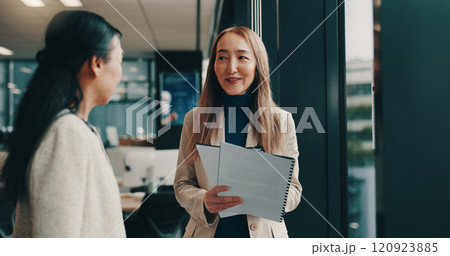 Japanese, women or lawyers talking with paperwork, documents or funding review in office. Teamwork, project plan or people in meeting at law firm with legal report, case feedback and profit portfolio 120923885