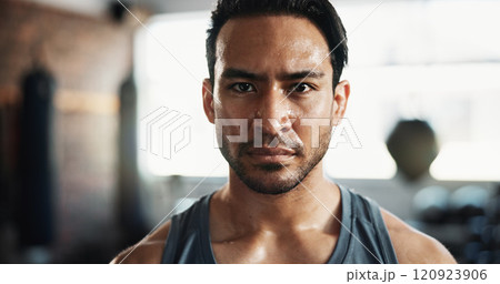 Man, sweat and portrait as serious for exercise, intense workout and wellness with power. Male person, bodybuilder and pride as athlete for health, challenge and training for fitness or sports in gym 120923906