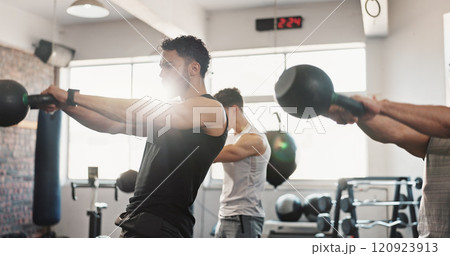 Fitness, kettle bells and men in gym with weights for bodybuilding training, exercise and workout. Sports, serious and people with weightlifting equipment for muscle strength, health and challenge 120923913
