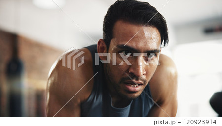 Gym, asian man and tired with breathing for fitness, cardio training and exhausted for health workout. Sweat, male person and bodybuilder with thinking for exercise session, wellness and challenge Gym, asian man and tired with breathing for fitness, cardio training and exhausted for health workout. Sweat, male person and bodybuilder with thinking for exercise session, wellness and challenge 120923914