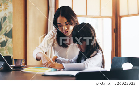 Asian mother, child and learning with book for education, homeschooling or youth development at home. Mom, girl or kid with homework or lesson for knowledge, academic growth or tutoring in Japan 120923923
