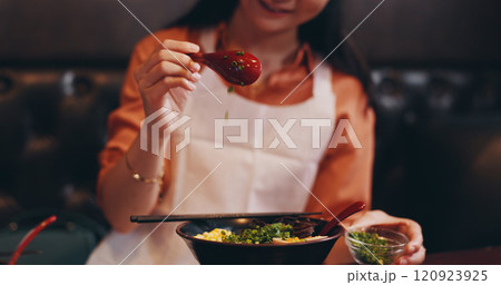 Ramen, cooking and food with hands of Japanese person in kitchen for Asian cuisine, menu and recipe. Gourmet, dinner and culture with closeup of traditional dish in restaurant for nutrition and diet 120923925