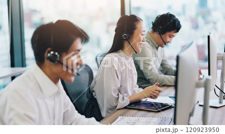 Customer service, call center and Asian business people on computer for contact, online help and consulting. Coworking, Japan office and workers for communication, CRM support and telemarketing Customer service, call center and Asian business people on computer for contact, online help and consulting. Coworking, Japan office and workers for communication, CRM support and telemarketing 120923950