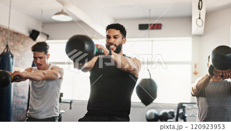 Fitness, kettle bell and men in gym with weights for bodybuilding training, exercise class and intense workout. Sports, serious and people with equipment for muscle strength, health and challenge Fitness, kettle bell and men in gym with weights for bodybuilding training, exercise class and intense workout. Sports, serious and people with equipment for muscle strength, health and challenge 120923953