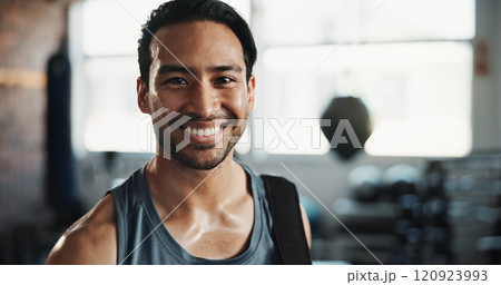 Man, sweat and portrait in happiness for exercise, intense workout and wellness with energy. Male person, recovery and pride as athlete for health, challenge and training for fitness or sports in gym 120923993
