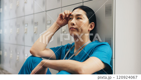 Japanese, woman and nurse with stress in hospital of healthcare fatigue, medical mistake and burnout risk. Surgeon, depression and anxiety for surgery crisis, bad news and treatment disaster in Japan Japanese, woman and nurse with stress in hospital of healthcare fatigue, medical mistake and burnout risk. Surgeon, depression and anxiety for surgery crisis, bad news and treatment disaster in Japan 120924067