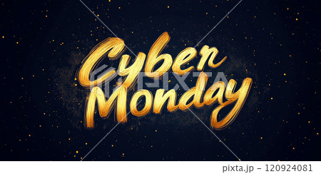 Cyber Monday text in gold brushstroke style on dark background with small sparkles. Concept holiday sale promotion. For online shopping events Cyber Monday text in gold brushstroke style on dark background with small sparkles. Concept holiday sale promotion. For online shopping events 120924081