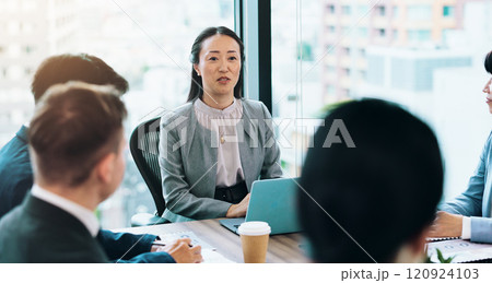 Woman, talking or business people meeting with group for feedback or discussion or teamwork. Corporate, investor or manager speaking to professional employees for project, advice or planning in Japan 120924103