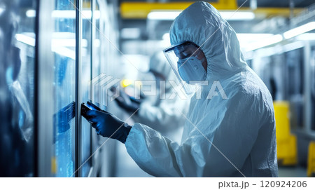Person in protective suit operates touch screen in industrial setting. Concept of high-tech manufacturing. For technology and safety promotions. 120924206