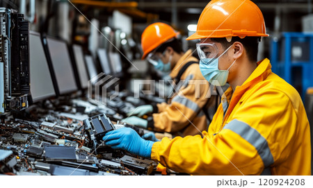 Workers in protective gear sort electronic components in a factory. Concept of industrial electronics recycling. For illustrating sustainable technology practices. 120924208