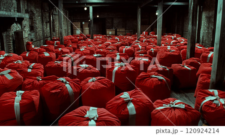 Rows of red sacks tied with white straps fill a dimly lit warehouse. Concept of storage and distribution. For depicting organized logistics. 120924214