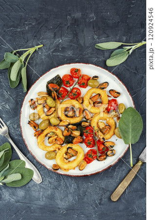 Seafood, calamari rings and mussels. Seafood, calamari rings and mussels. 120924546