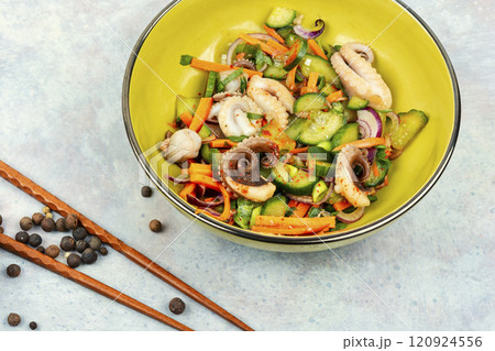 Spicy squid vegetables with in plate on table Spicy squid vegetables with in plate on table 120924556