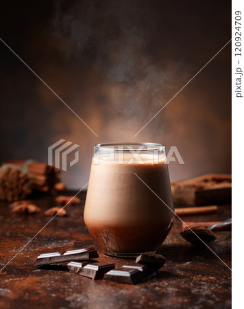 Glass of hot cocoa drink on a brown background. 120924709
