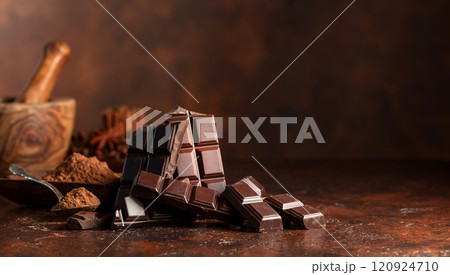 Broken dark chocolate bar and cocoa powder on a brown table. 120924710