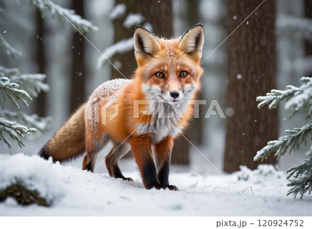 realistic fox cub in winter forest playing outdoors with falling snow 120924752