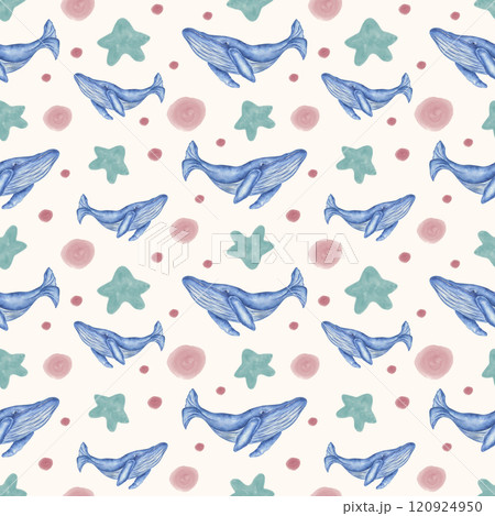 Seamless pattern of sea whales, stars and circles. The ecosystem of the deep sea in watercolor. Ideal for children's clothes, bed linen, backgrounds. Seamless pattern of sea whales, stars and circles. The ecosystem of the deep sea in watercolor. Ideal for children's clothes, bed linen, backgrounds. 120924950