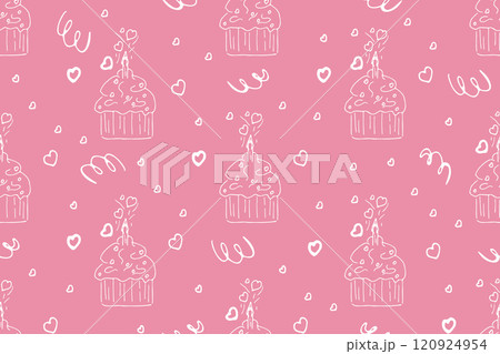 Cute seamless pattern in the form of a festive cake with candle hearts, great for Valentine's Day, Birthday, Women's Day, weddings, Mother's Day - packaging, textiles, banners, backgrounds. 120924954
