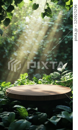 Wooden circular platform in lush green forest with sunbeams, nature and tranquility concept 120925296