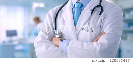 medical professional in white coat with stethoscope exudes confidence and care medical professional in white coat with stethoscope exudes confidence and care 120925437