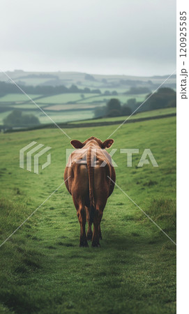 Cow walking in green pasture with rolling hills, rural landscape. Agriculture and countryside concept 120925585