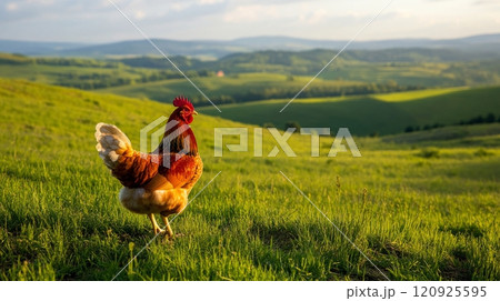 Rooster standing on green hill in countryside landscape at sunset, peaceful rural scene Rooster standing on green hill in countryside landscape at sunset, peaceful rural scene 120925595