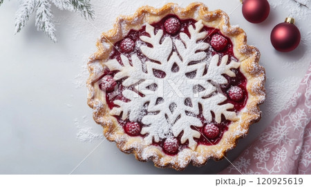 Snowflake decorated raspberry pie with powdered sugar. Festive holiday dessert concept 120925619