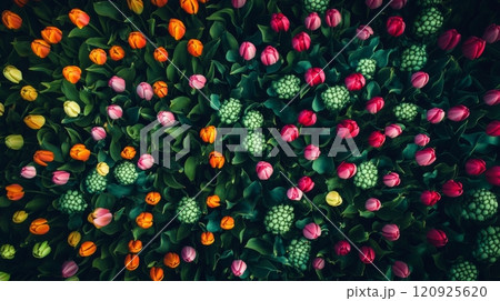 colorful tulip field from above, vibrant floral pattern. spring nature and gardening concept 120925620