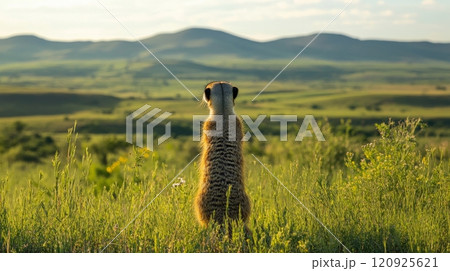 Meerkat observing vast savanna landscape during golden hour. Wildlife and solitude concept 120925621