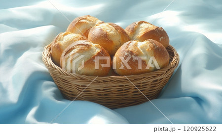 Basket of freshly baked bread rolls on soft blue fabric, warm morning light. Homemade baking and cozy breakfast concept 120925622