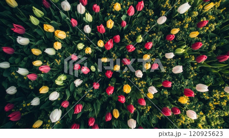 Colorful tulip field from above with vibrant blooms, aerial view. Nature and spring concept 120925623