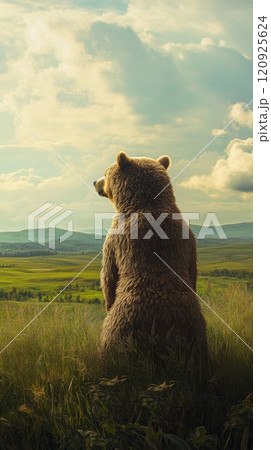 Bear sitting in lush meadow under cloudy sky, serene nature scene. wilderness and tranquility concept 120925624